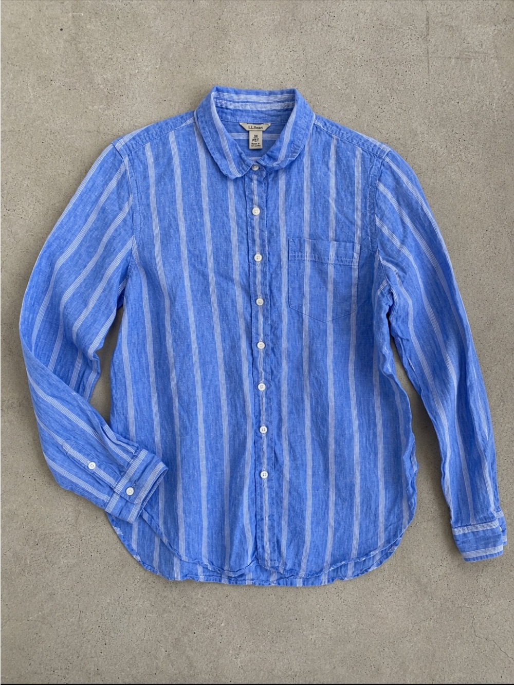 L.L.Bean Premium Washable Linen Blue Stripe Button Front Shirt Medium Petite MP